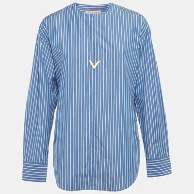 Pre-owned Valentino Blue Stripe Cotton Logo Plaque Detail Blouse S