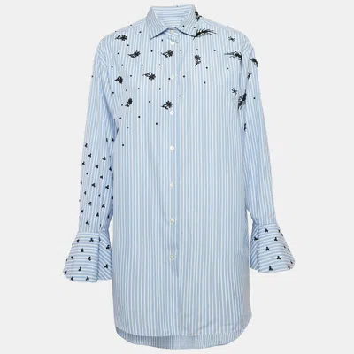 Pre-owned Valentino Blue Stripe Poplin Embellished Bell Sleeve Tunic Shirt M