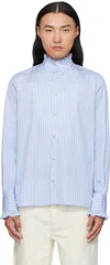 Valentino Blue Striped Cotton Ruffle Shirt In Blue