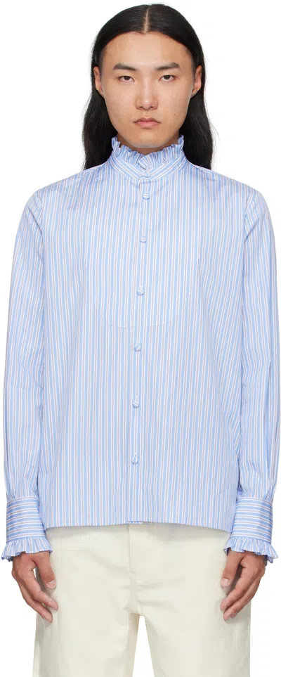 Valentino Blue Striped Cotton Ruffle Shirt