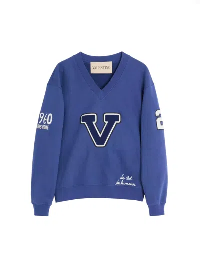 Valentino Blue Sweatshirt With V And Le Chat De La Maison Embroidery