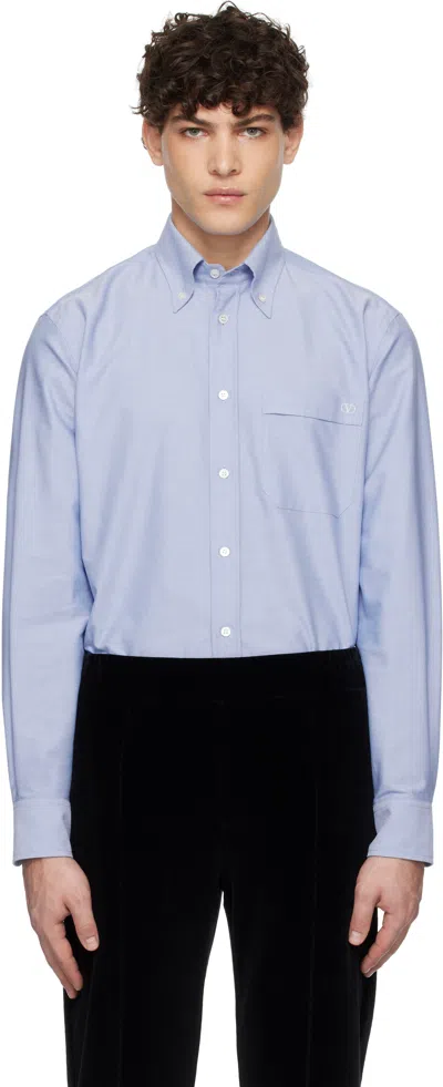 Valentino Blue Vlogo Embroidered Cotton Shirt In Celeste