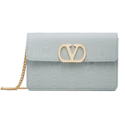 Valentino Garavani Blue Vlogo Signature Chain Moiré Fabric Wallet Bag