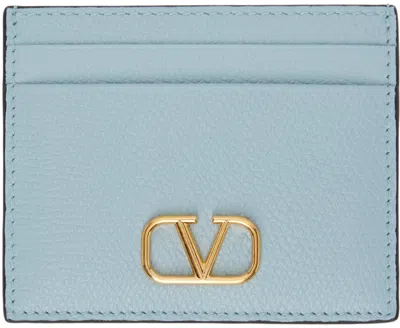 Valentino Garavani Blue Vlogo Signature Grainy Calfskin Card Holder In Gray