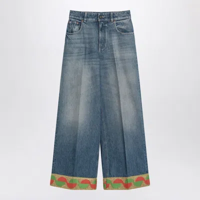 Valentino Wide Leg High Waist Jeans With Colorful Trim In Medium Blue