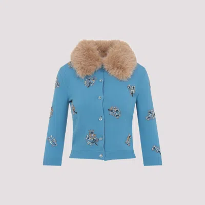 Valentino Floral Crystals Wool Cardigan In Celestial Blue