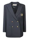 Valentino Virgin Wool Double Breasted Blazer With Metallic Monogram In Blue