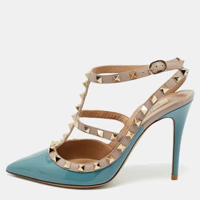 Pre-owned Valentino Garavani Blue/beige Leather And Patent Rockstud Ankle Strap Pumps Size 38