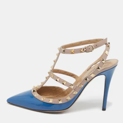 Pre-owned Valentino Garavani Blue/beige Patent And Leather Caged Rockstud Ankle Strap Pumps Size 39