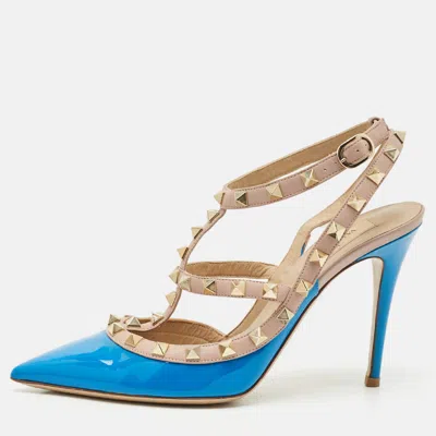 Pre-owned Valentino Garavani Blue/beige Patent Leather And Leather Rockstud Ankle Strap Sandals Size 37.5