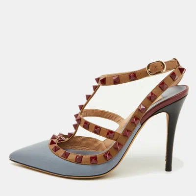 Pre-owned Valentino Garavani Blue/brown Leather Rockstud Caged Ankle Strap Pumps Size 36