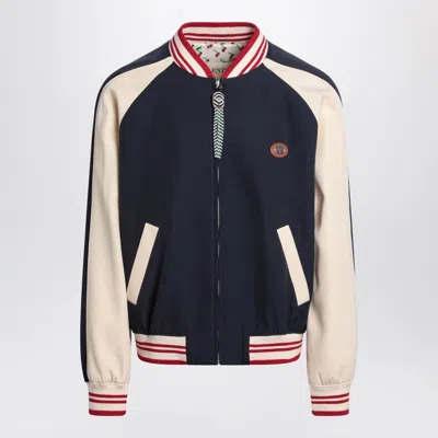 Valentino Blue/cream Bomber With Mixed Wool Vlogo In Black