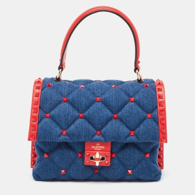 Pre-owned Valentino Garavani Blue/red Denim And Leather Candystud Top Handle Bag