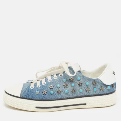 Pre-owned Valentino Garavani Blue/white Denim And Leather Star Studded Sneakers Size 39