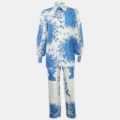 Pre-owned Valentino Blue/white Floral Print Silk Blouse And Pants Set S