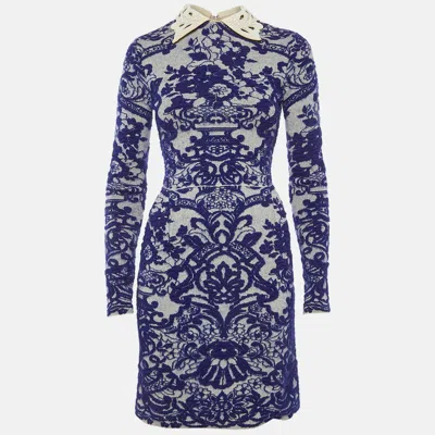 Pre-owned Valentino Blue/white Jacquard And Leather Collar Mini Dress Xs