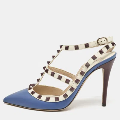 Pre-owned Valentino Garavani Blue/white Leather Rockstud Caged Ankle Strap Pumps Size 39