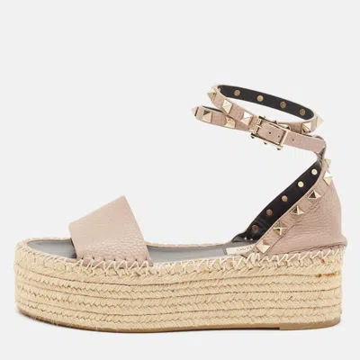 Pre-owned Valentino Garavani Blush Leather Rockstud Platform Espadrille Sandals Size 36