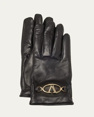 Valentino Garavani Bold V-logo Leather & Cashmere Gloves In Nero Oro