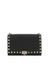 Valentino Pouch With Rockstud Chain In Grained Calfskin In Black