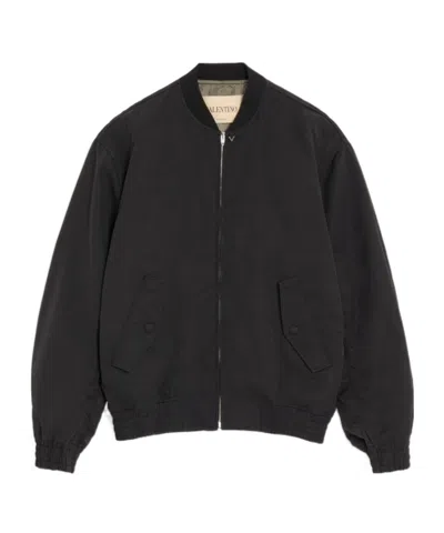 Valentino Bomber Jacket In Viscose And Cotton Cannetté With Metallic V Detail In Black