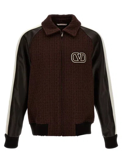 Valentino Cotton-blend Tweed And Leather Bomber Jacket In Brown