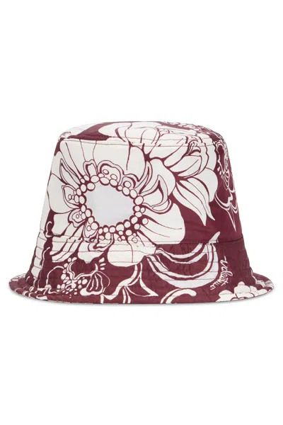 Valentino Garavani Bordeaux Bucket Hat With Floral Pattern. In Red