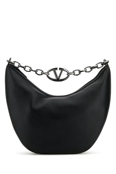 Valentino Garavani Black Leather Hobo Vlogo Moon Shoulder Bag In Nero
