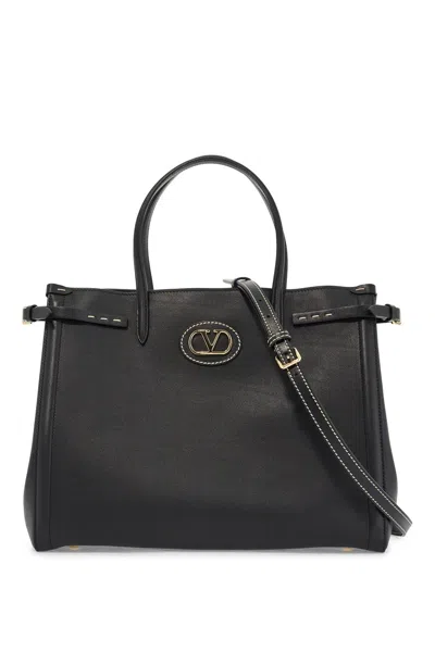 Valentino Garavani Borsa Tote In Pelle Nera Con Manici E Tracolla In Black