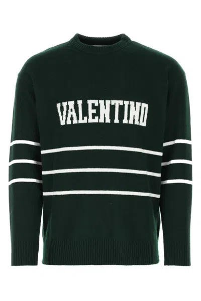 Valentino Logo-intarsia Crew-neck Jumper In Bottle Green
