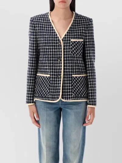 Valentino Boucle Wool Blend Jacket With Contrast Trim In Blue