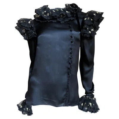 Pre-owned Valentino Boutique Silk Ruffle Neck Blouse 1980s In Black