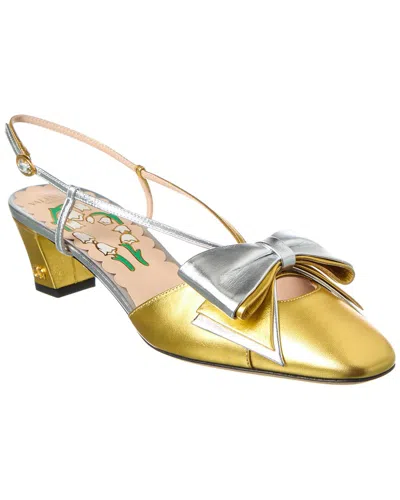 Valentino Garavani Valentino Bow 45 Leather Slingback Pump In Gold