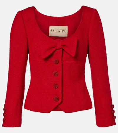 Valentino Bow-detail Cropped Wool-blend Tweed Jacket In Red
