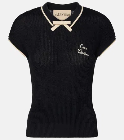Valentino Bow-detail Logo Cotton-blend Top In Black