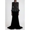 Valentino Bow Detail Long Sleeve Chiffon, Faille & Sablé Velvet Gown In Black