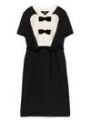 Valentino Belted Bow-embellished Velvet And Ottoman-trimmed Wool Midi Dress In Black