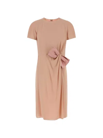 Valentino Bow Detailed Crewneck Midi Dress In Pink