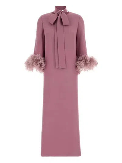 Valentino Crepe Midi Dress High Neck Bow Feathers In Pink
