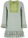 Valentino Lace Bead Sequined Bow Ruffled Hem Mini Dress In Green
