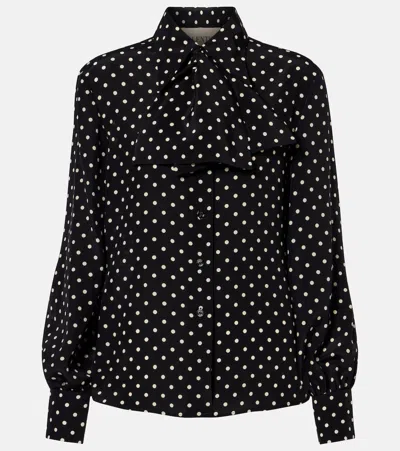 Valentino Bow-detail Polka-dots Silk Shirt In Black