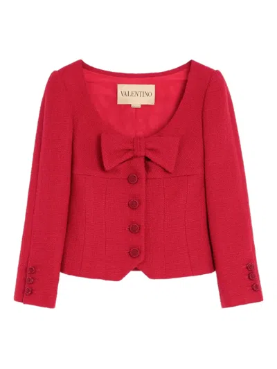 Valentino Textured Tweed Blazer Bow Detail In Red