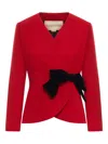 Valentino Bow-detailed Ruched Wool-crepe Wrap Jacket In Red