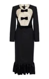 Valentino Belted Bow-embellished Velvet And Ottoman-trimmed Wool Midi Dress In Black