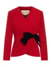 Valentino Bow-detailed Ruched Wool-crepe Wrap Jacket In Red