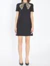 Valentino Embellished Pussy-bow Wool And Silk-blend Crepe Mini Dress In Black