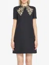 Valentino Embellished Pussy-bow Wool And Silk-blend Crepe Mini Dress In Black
