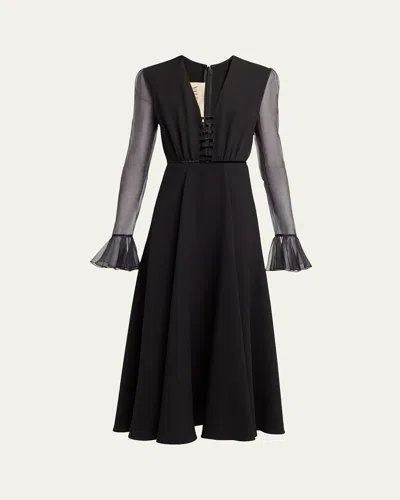Valentino Bow-embellished Illusion Silk Midi Dress In Black