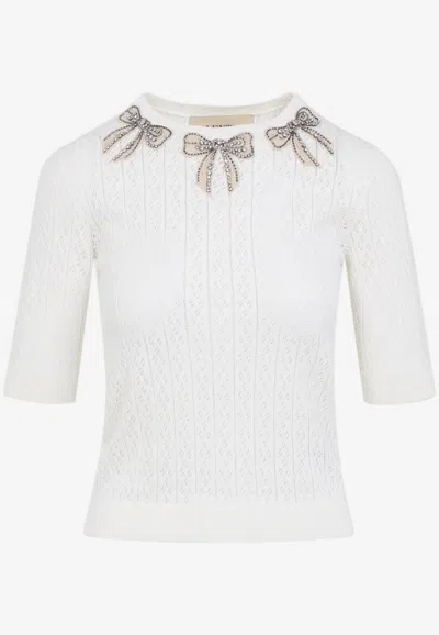 Valentino Bow-embellished Knitted Top In White