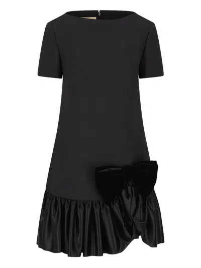 Valentino Velvet Bow Ruffle Short-sleeve Mini Dress In Black